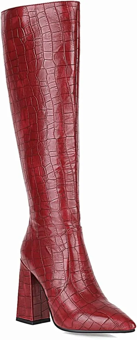 Women's Faux Crocodile Chunky Heel Knee High Boots Pointed Toe Comfortable High Heel Tall Boots Fall Winter Boots