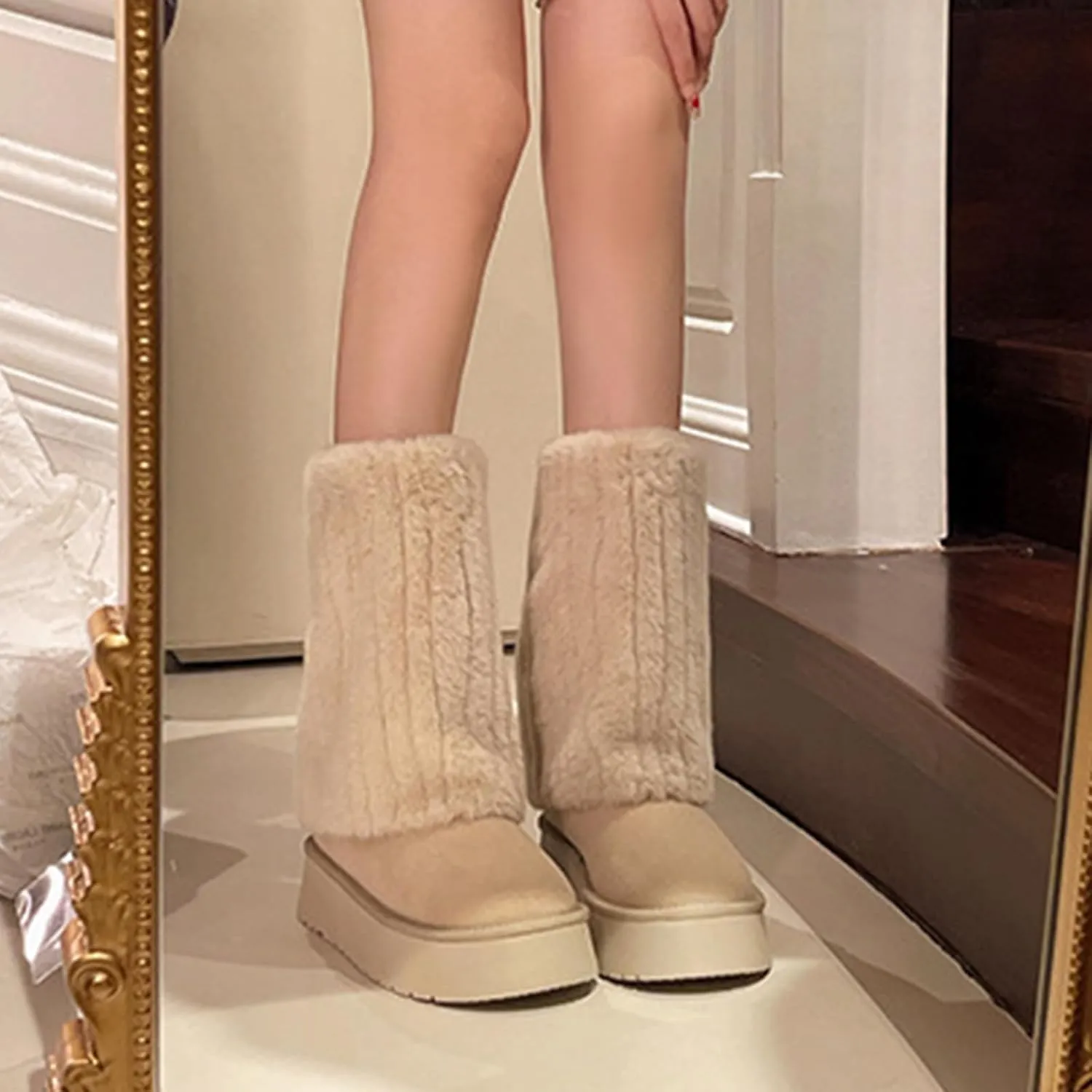 Women's Faux Fur Mid Calf Snow Boots - Round Toe Suede Warm Fur Lined Platform Flat Comfort Outdoor Winter Fashion Boots
