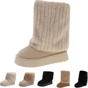 Women's Faux Fur Mid Calf Snow Boots - Round Toe Suede Warm Fur Lined Platform Flat Comfort Outdoor Winter Fashion Boots