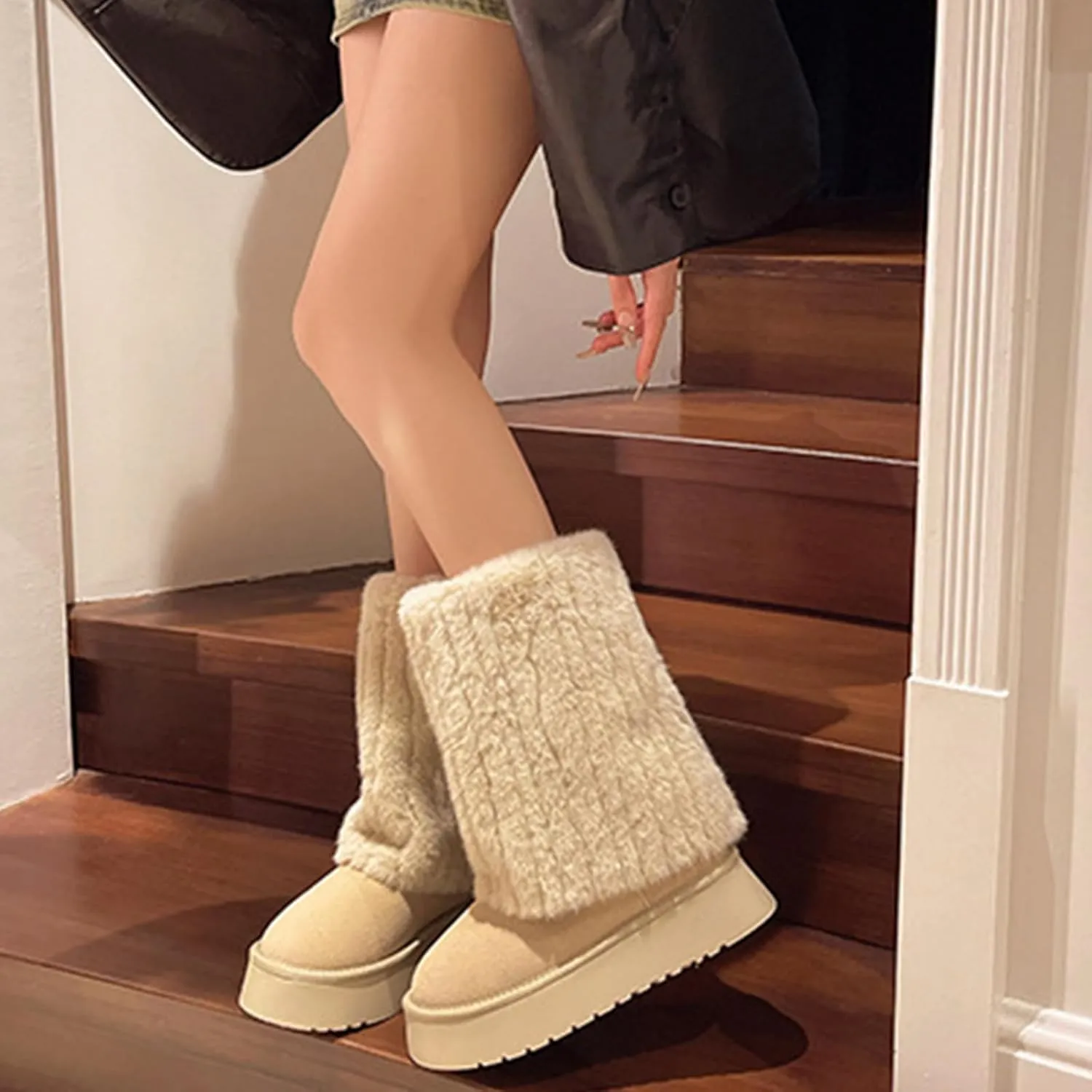 Women's Faux Fur Mid Calf Snow Boots - Round Toe Suede Warm Fur Lined Platform Flat Comfort Outdoor Winter Fashion Boots