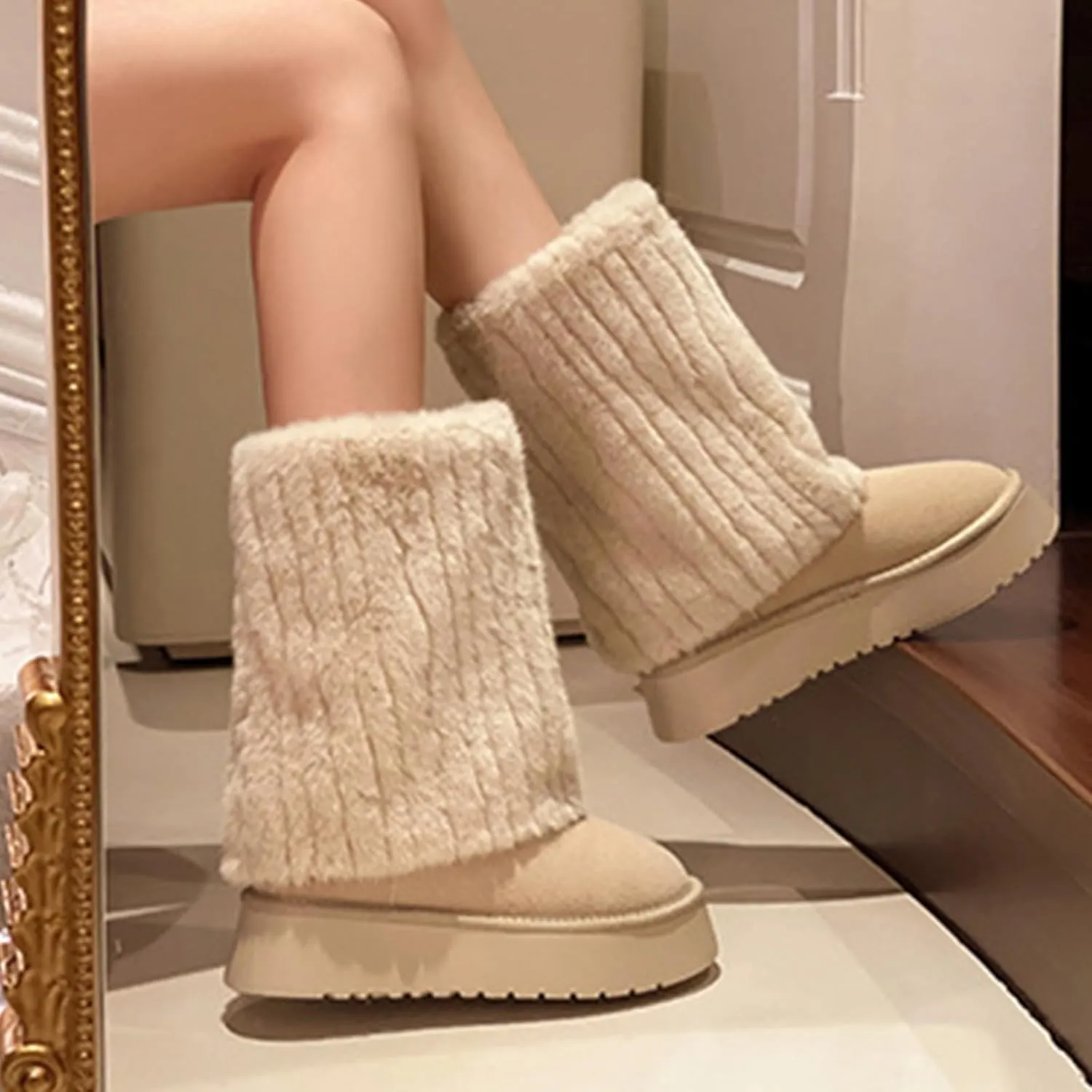 Women's Faux Fur Mid Calf Snow Boots - Round Toe Suede Warm Fur Lined Platform Flat Comfort Outdoor Winter Fashion Boots