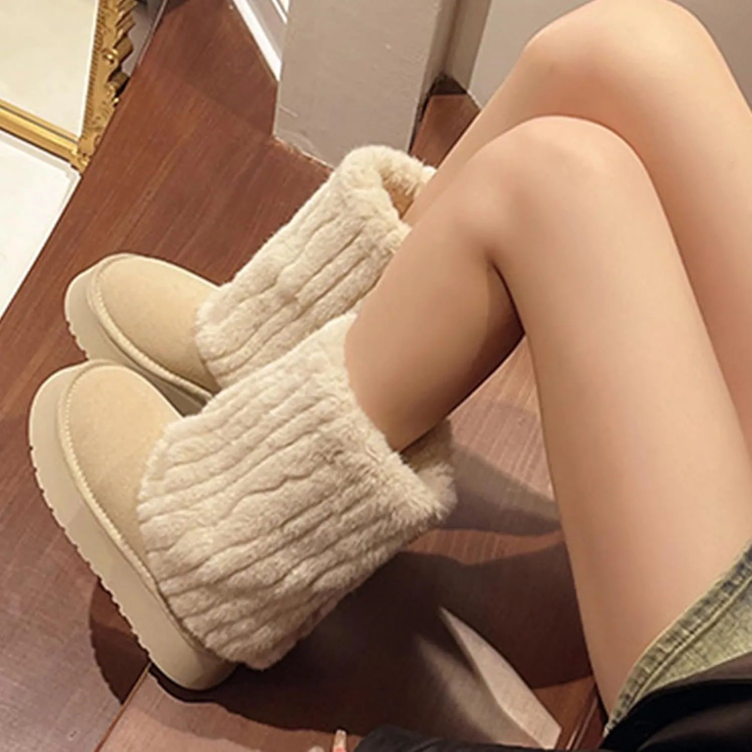 Women's Faux Fur Mid Calf Snow Boots - Round Toe Suede Warm Fur Lined Platform Flat Comfort Outdoor Winter Fashion Boots