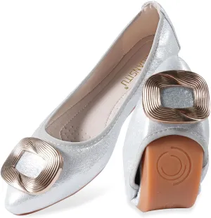 Women's Flats, Foldable Ballet Flats for Women, Fashion Buckle Pionted Toe Comfort Light Weight Slip-On Dress Shoes