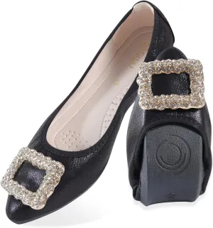 Women's Flats, Foldable Ballet Flats for Women, Fashion Buckle Pionted Toe Comfort Light Weight Slip-On Dress Shoes