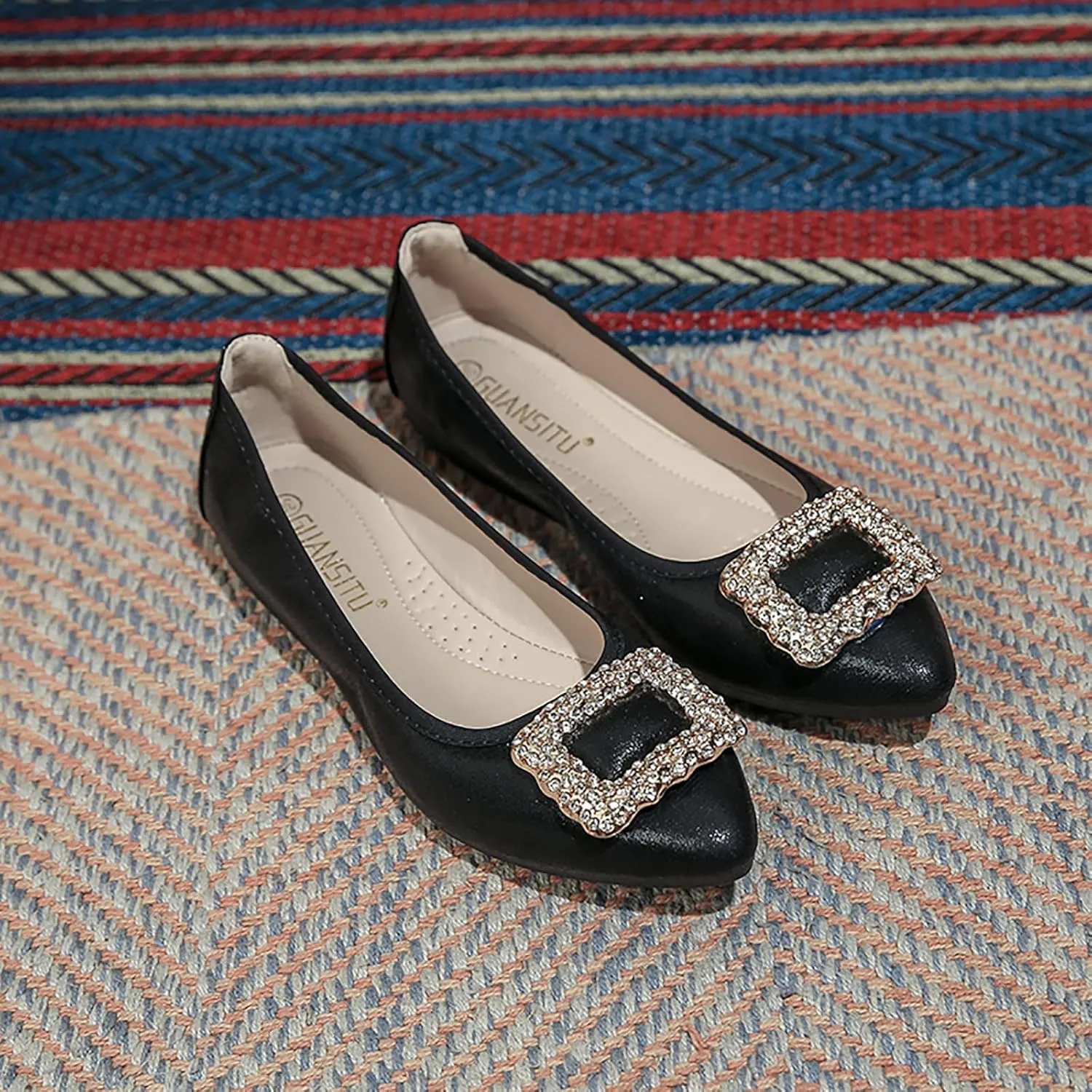 Women's Flats, Foldable Ballet Flats for Women, Fashion Buckle Pionted Toe Comfort Light Weight Slip-On Dress Shoes