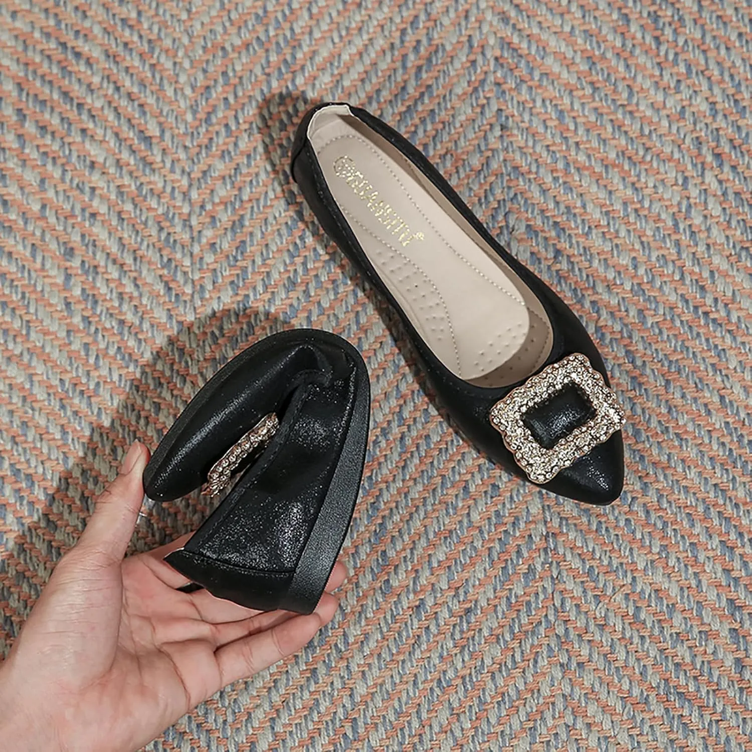 Women's Flats, Foldable Ballet Flats for Women, Fashion Buckle Pionted Toe Comfort Light Weight Slip-On Dress Shoes