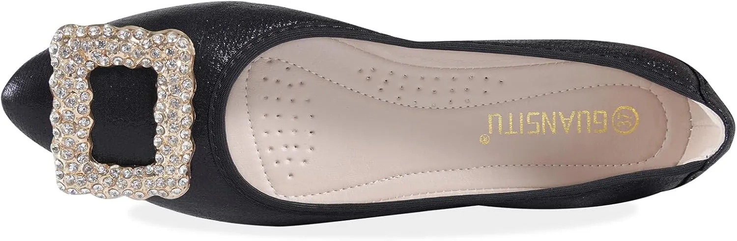 Women's Flats, Foldable Ballet Flats for Women, Fashion Buckle Pionted Toe Comfort Light Weight Slip-On Dress Shoes