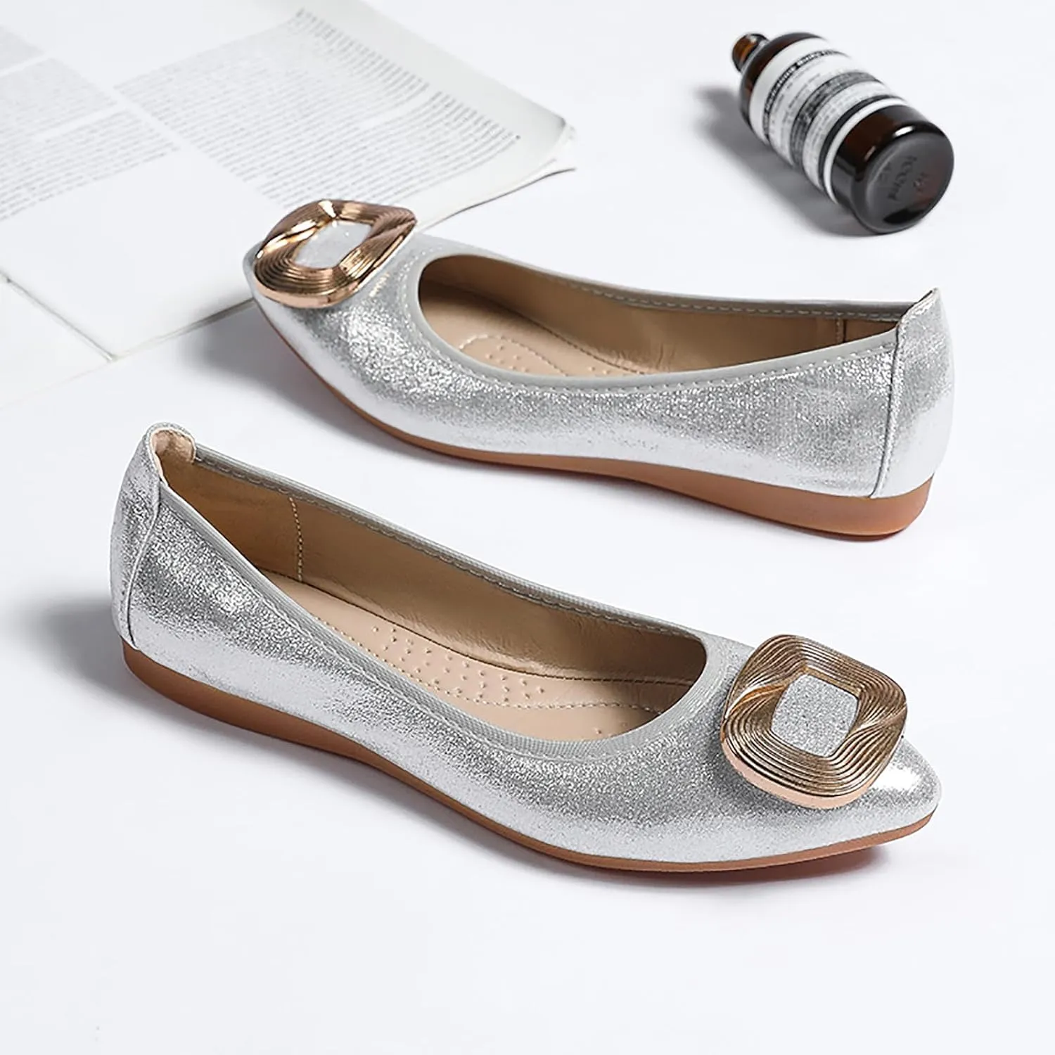Women's Flats, Foldable Ballet Flats for Women, Fashion Buckle Pionted Toe Comfort Light Weight Slip-On Dress Shoes