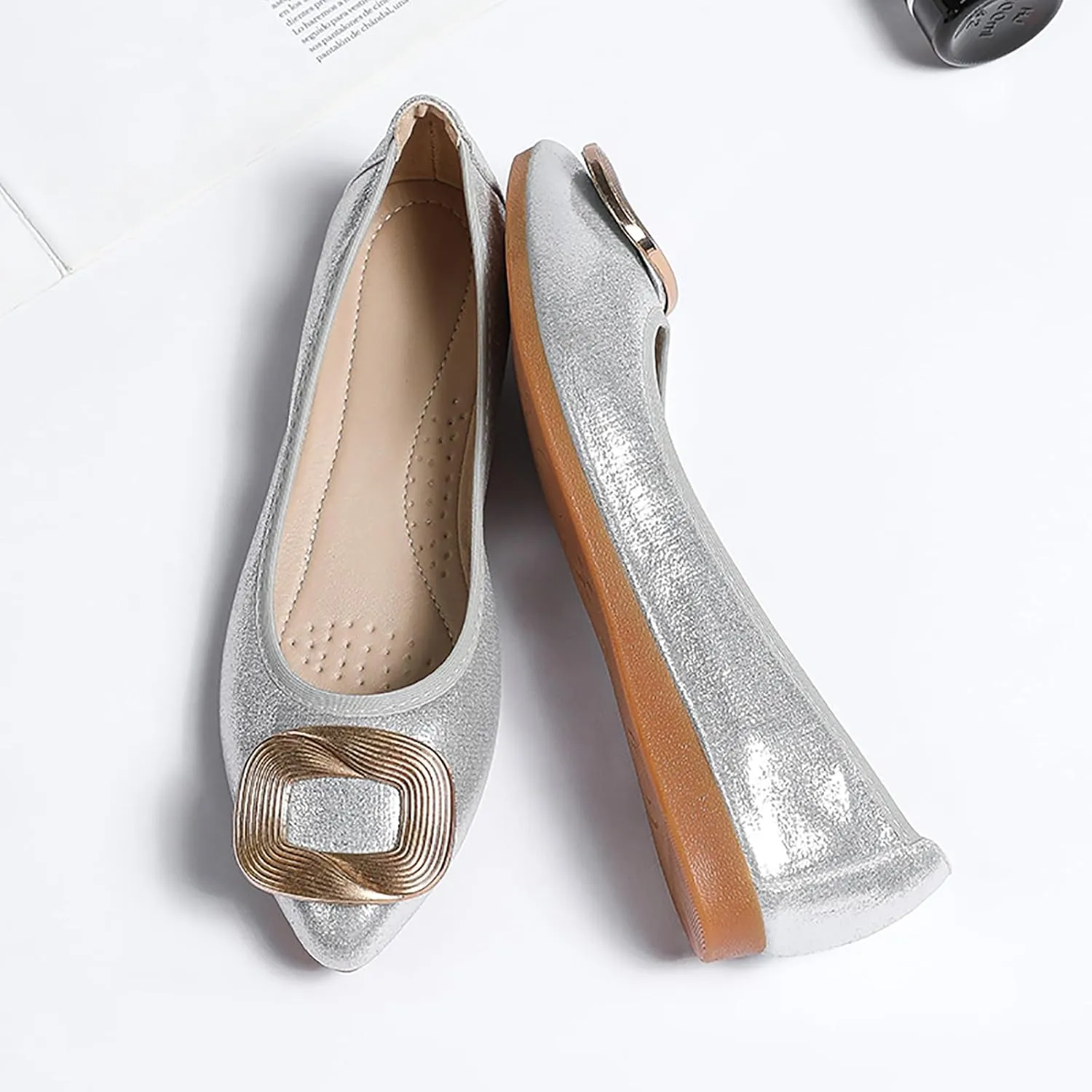Women's Flats, Foldable Ballet Flats for Women, Fashion Buckle Pionted Toe Comfort Light Weight Slip-On Dress Shoes
