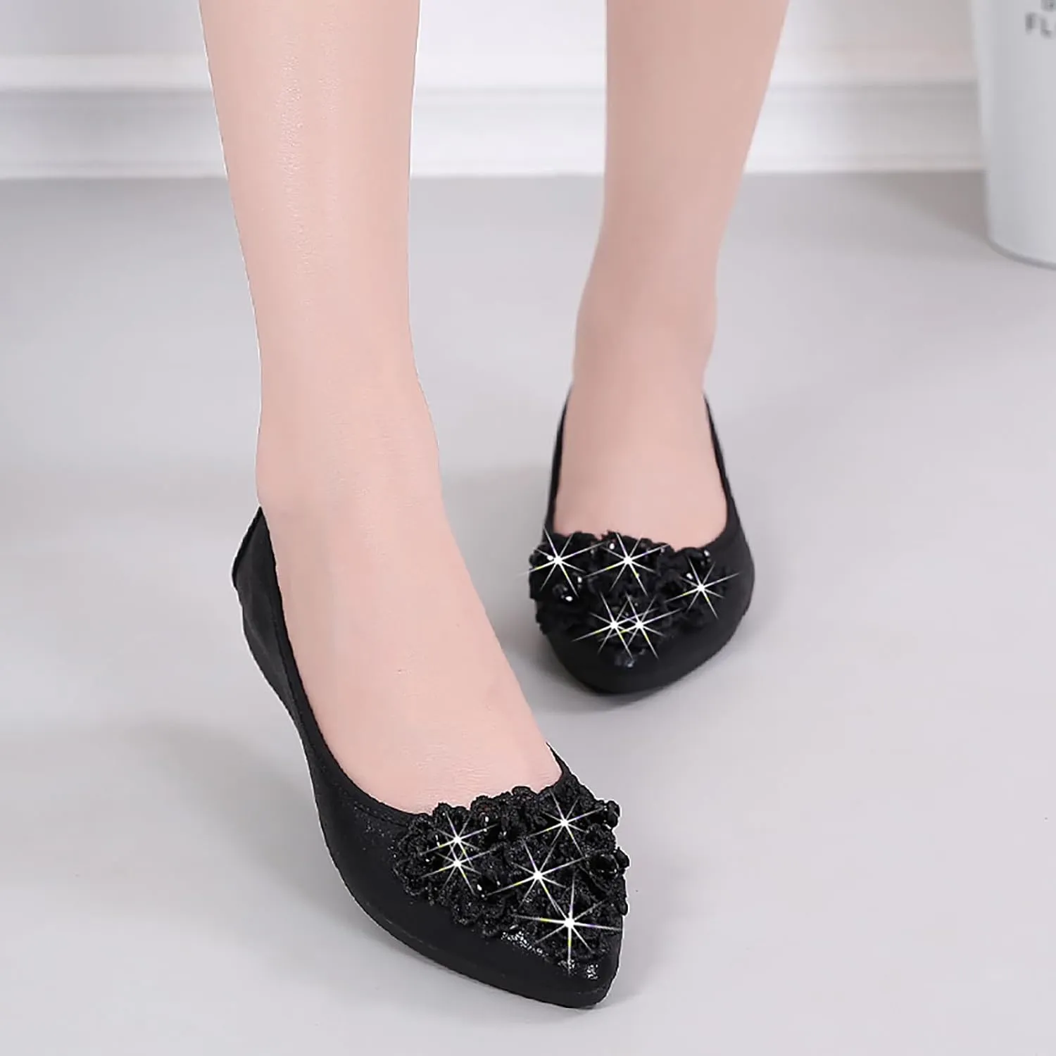 Women's Flats, Foldable Ballet Flats for Women, Flower Pionted Toe Comfort Light Weight Slip-On Dress Shoes