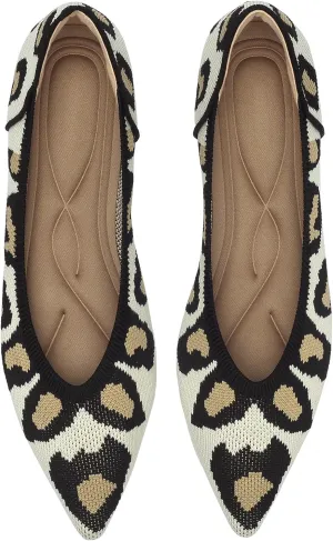 Women's Flats Shoes Pointed Toe Knit Ballet Comfortable Dressy Slip On Leopard Flat