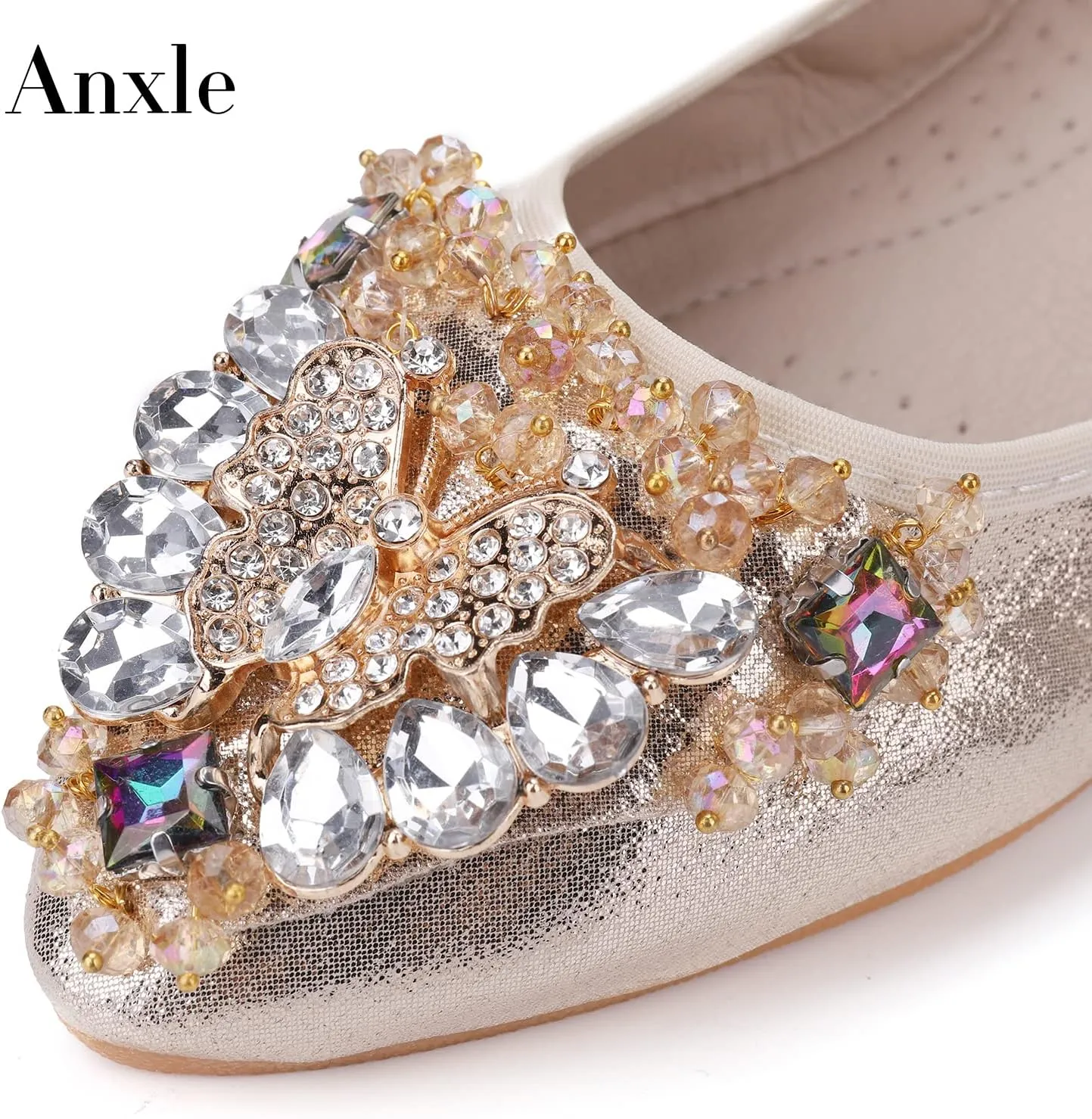 Womens Foldable Ballet Flats Bling Rhinestone Pointed Toe Comfort Slip On Walk Work Loafers Bridal Dress Shoes
