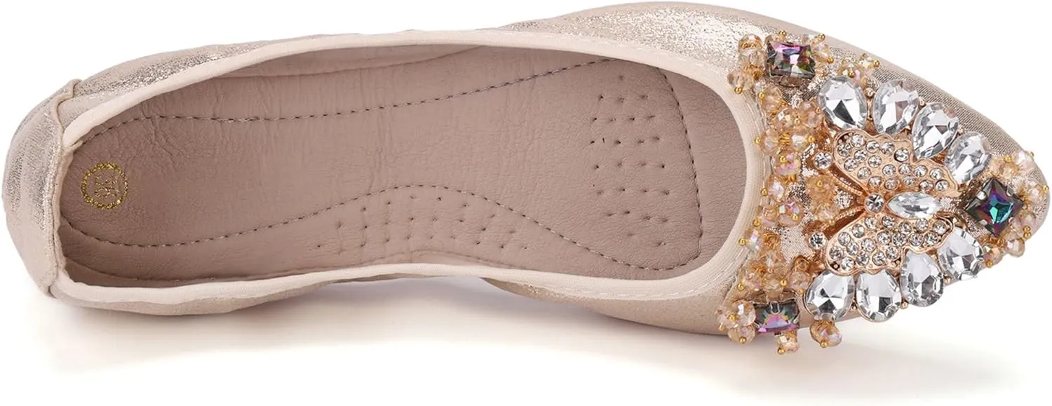 Womens Foldable Ballet Flats Bling Rhinestone Pointed Toe Comfort Slip On Walk Work Loafers Bridal Dress Shoes