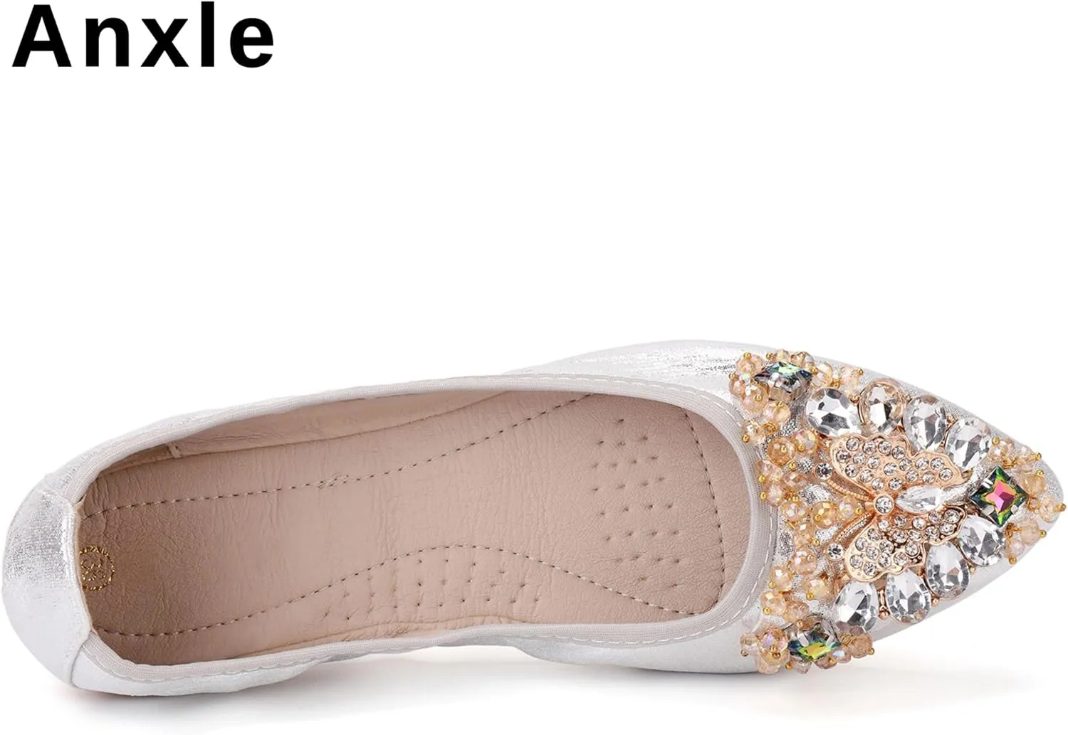 Womens Foldable Ballet Flats Bling Rhinestone Pointed Toe Comfort Slip On Walk Work Loafers Bridal Dress Shoes