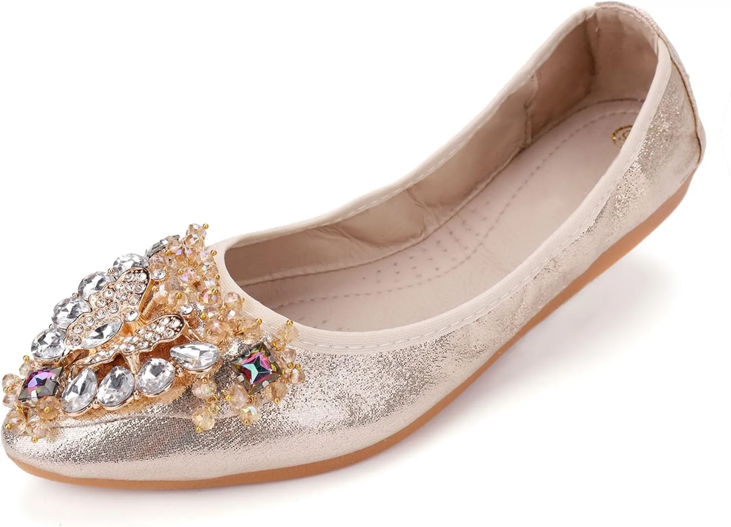 Womens Foldable Ballet Flats Bling Rhinestone Pointed Toe Comfort Slip On Walk Work Loafers Bridal Dress Shoes