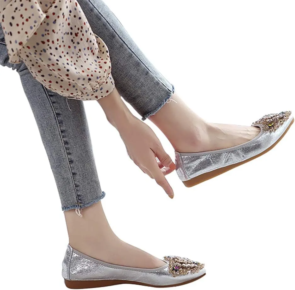 Womens Foldable Ballet Flats Bling Rhinestone Pointed Toe Comfort Slip On Walk Work Loafers Bridal Dress Shoes
