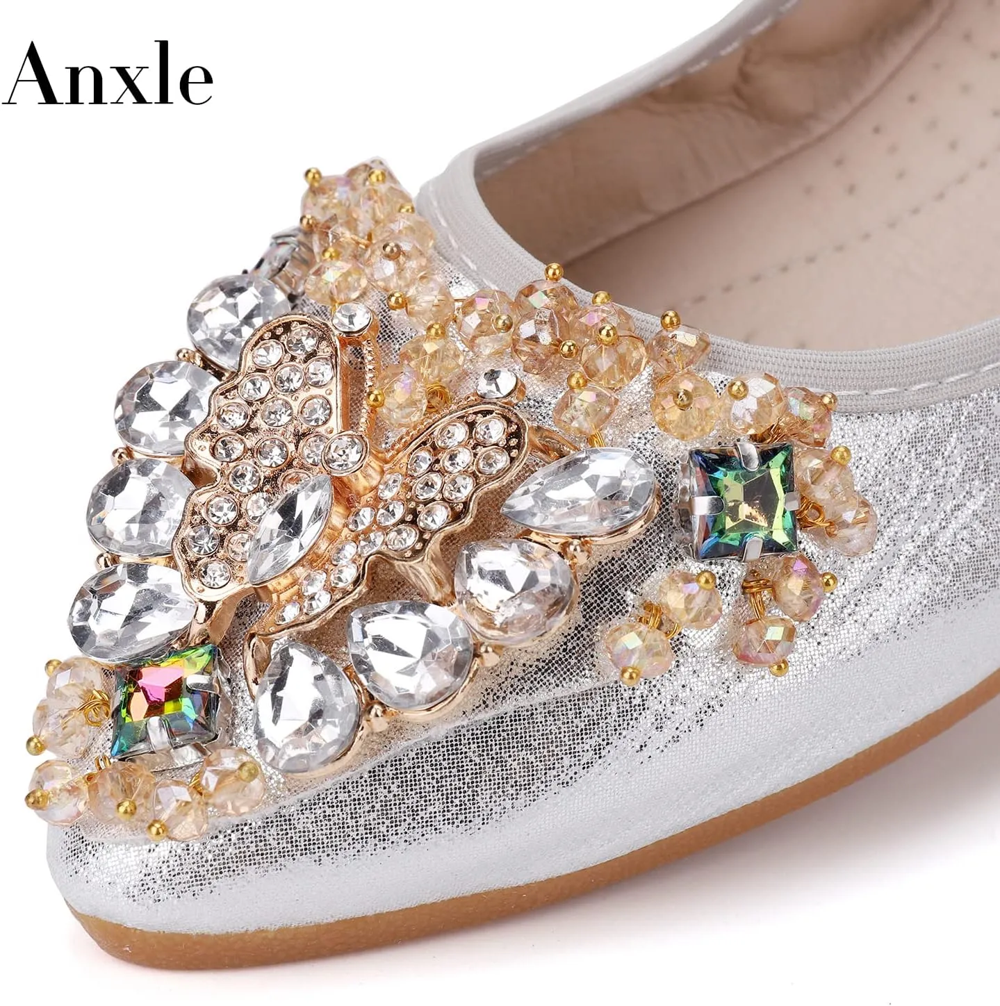 Womens Foldable Ballet Flats Bling Rhinestone Pointed Toe Comfort Slip On Walk Work Loafers Bridal Dress Shoes