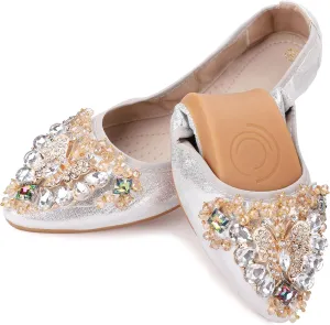 Womens Foldable Ballet Flats Bling Rhinestone Pointed Toe Comfort Slip On Walk Work Loafers Bridal Dress Shoes
