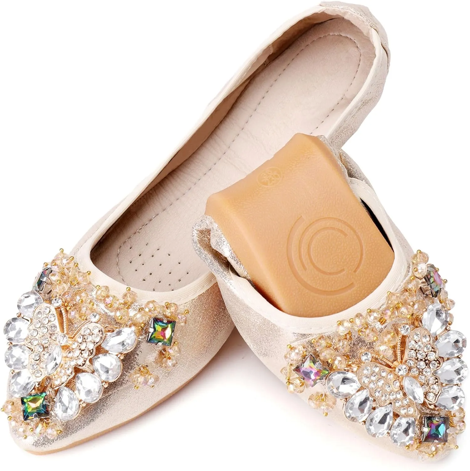 Womens Foldable Ballet Flats Bling Rhinestone Pointed Toe Comfort Slip On Walk Work Loafers Bridal Dress Shoes