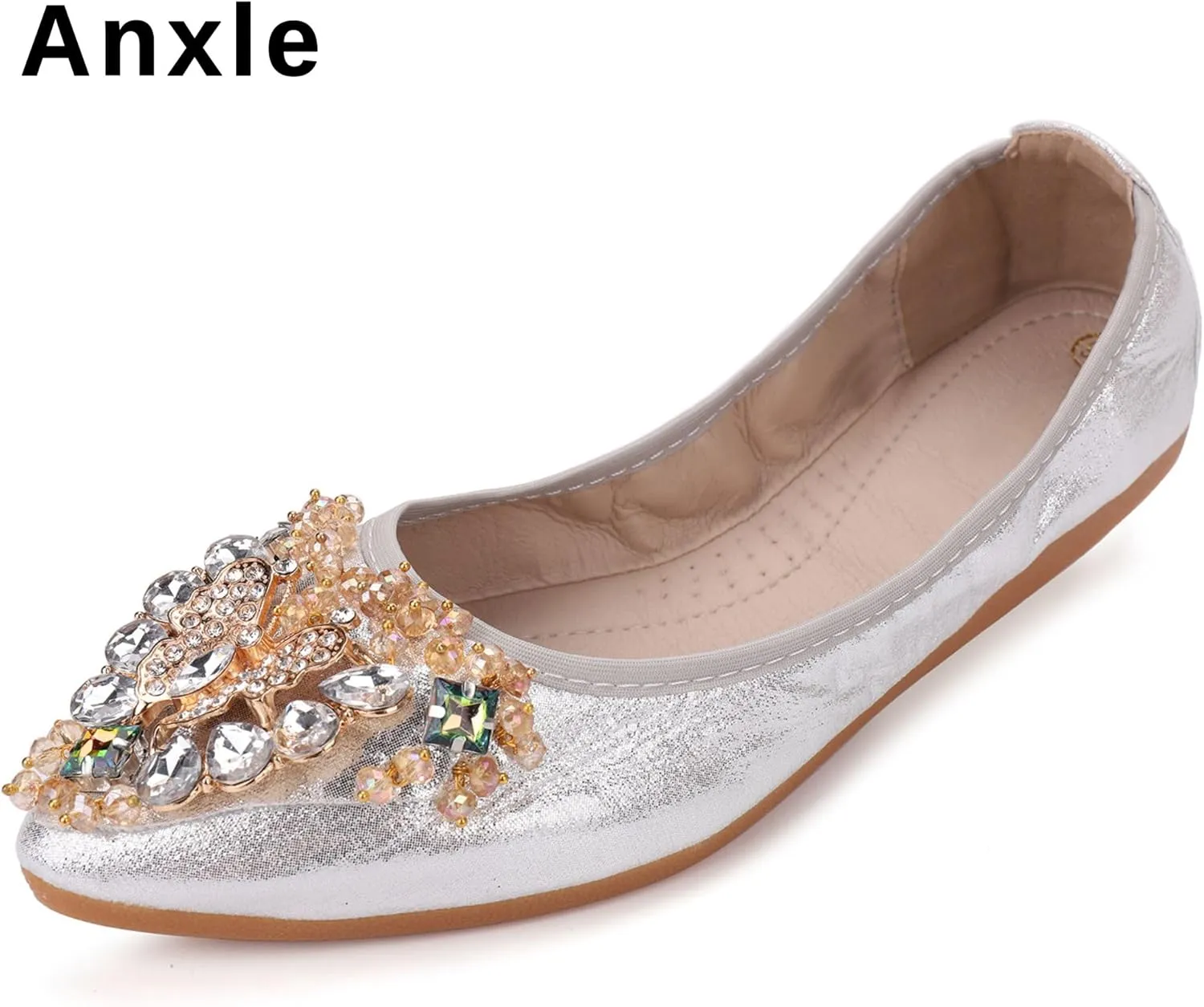 Womens Foldable Ballet Flats Bling Rhinestone Pointed Toe Comfort Slip On Walk Work Loafers Bridal Dress Shoes