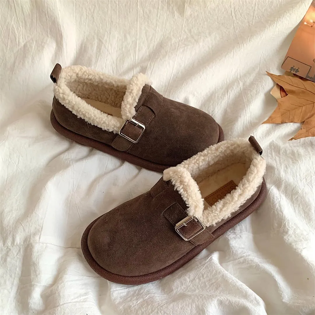 Women's Fuzzy Lined Slip-On Loafers, Warm Winter Snow Shoes, Non-Slip Soft Sole Flats