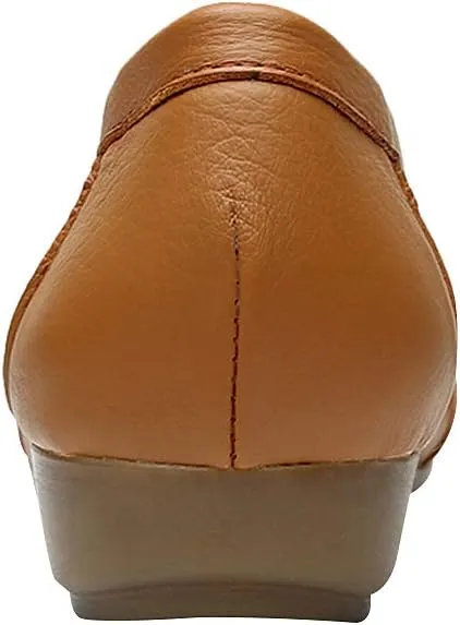 Women's Genuine Leather Soft Sole Ballerinas Slip-on Low Wedge Heel Mid-Aged Walking Shoes