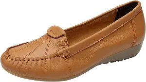 Women's Genuine Leather Soft Sole Ballerinas Slip-on Low Wedge Heel Mid-Aged Walking Shoes