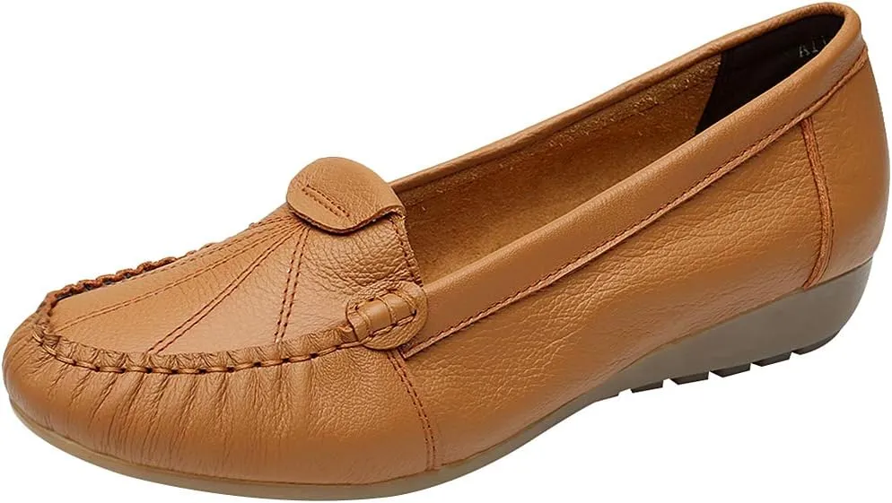 Women's Genuine Leather Soft Sole Ballerinas Slip-on Low Wedge Heel Mid-Aged Walking Shoes