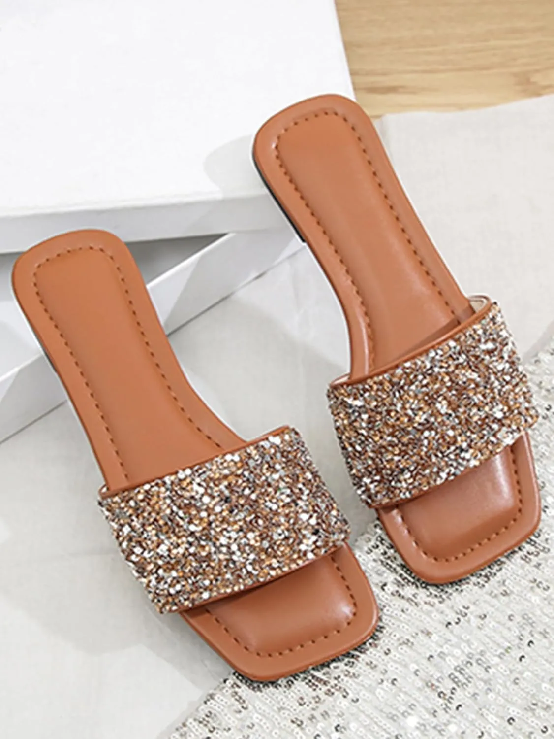 Women's Glitter Shiny Flat Sandals Sparkle Bling Fancy Open Toe Slip On Slippers