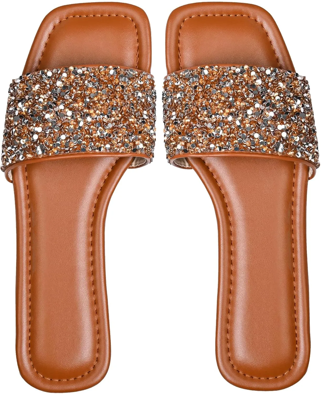Women's Glitter Shiny Flat Sandals Sparkle Bling Fancy Open Toe Slip On Slippers
