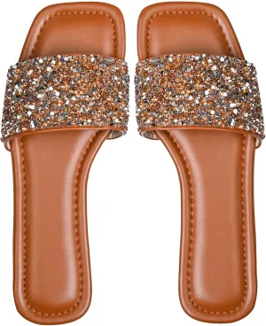 Women's Glitter Shiny Flat Sandals Sparkle Bling Fancy Open Toe Slip On Slippers