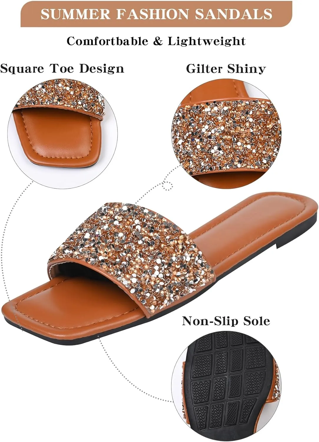 Women's Glitter Shiny Flat Sandals Sparkle Bling Fancy Open Toe Slip On Slippers