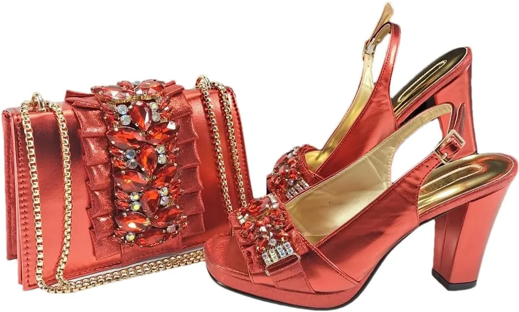 Women’S Gold Rhinestone High Heels and Matching Bag Set with Square Heel for Elegant Parties
