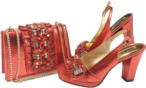 Women’S Gold Rhinestone High Heels and Matching Bag Set with Square Heel for Elegant Parties