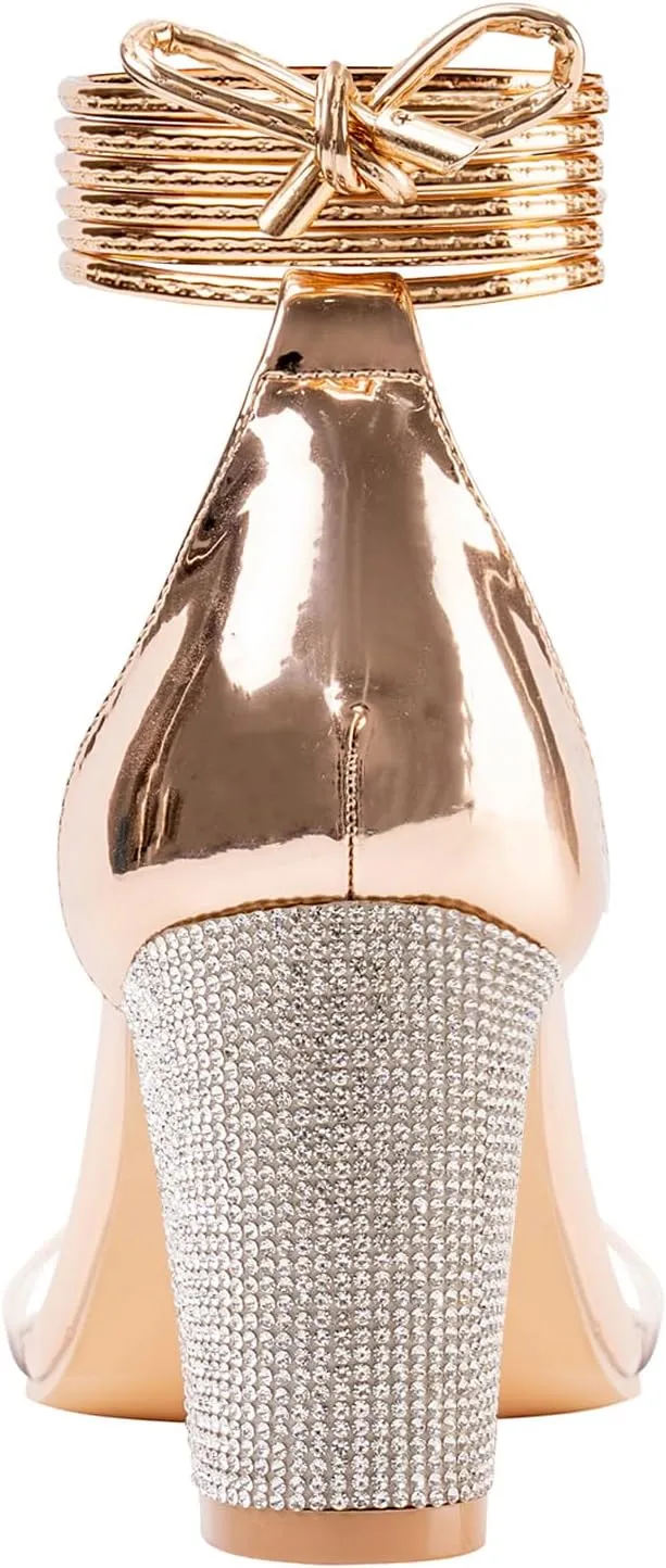 Women's Heels Chunky High Heels Sandals for Women Comfy Open Toe Strappy Rhinestone Heeled White Silver Gold Black Ankle Clear Dress Shoes