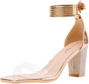 Women's Heels Chunky High Heels Sandals for Women Comfy Open Toe Strappy Rhinestone Heeled White Silver Gold Black Ankle Clear Dress Shoes