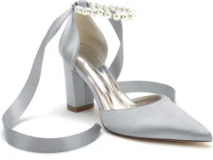Women's High Chunky Closed Toe High Heels Block Heel Pearl Elegant Wedding Shoes Prom Evening Party Dress Pumps Shoes