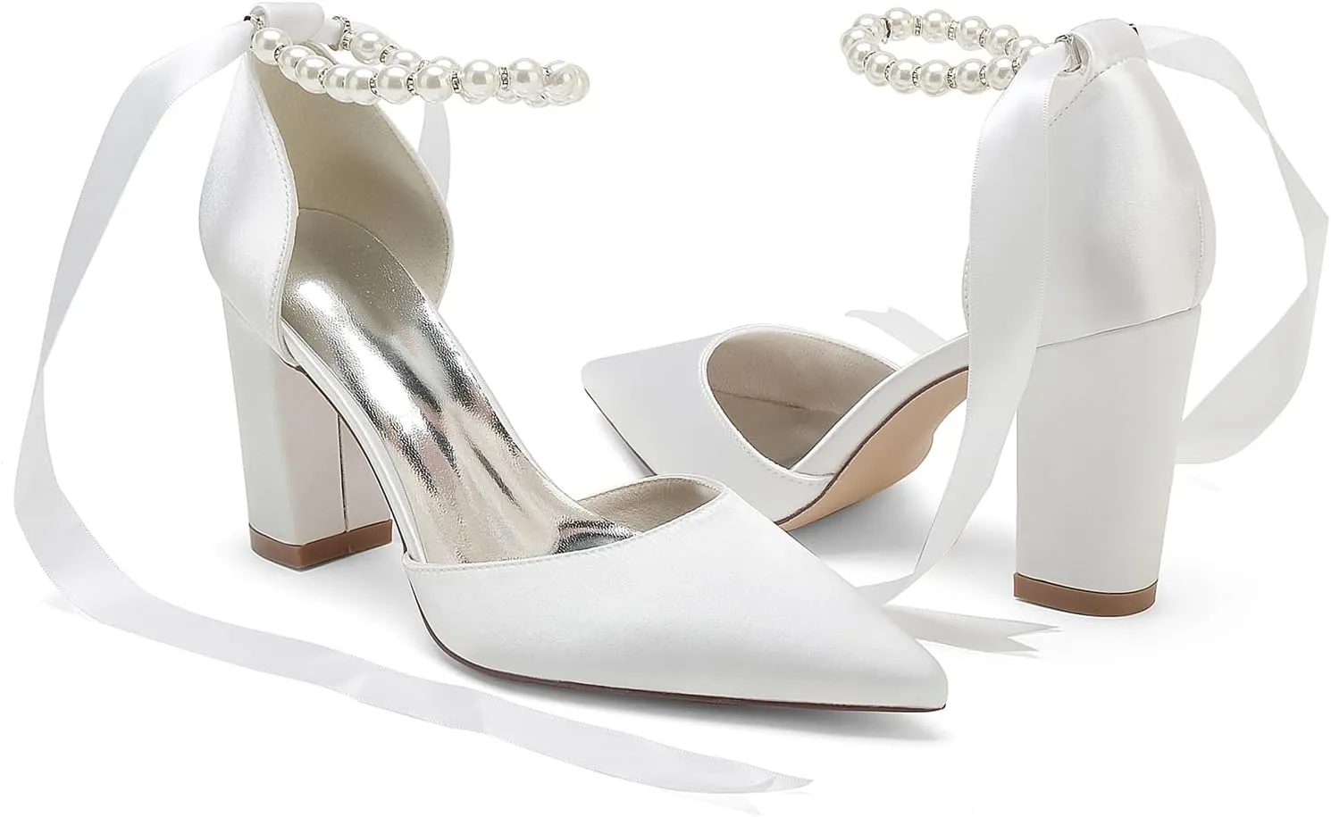 Women's High Chunky Closed Toe High Heels Block Heel Pearl Elegant Wedding Shoes Prom Evening Party Dress Pumps Shoes