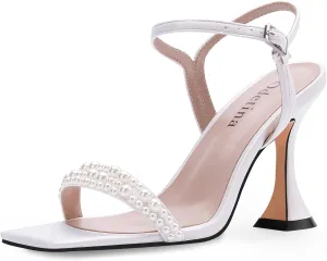 Women's High Heel Open Toe Sandals Ankle Strap Buckle Pearl Satin Bridesmaid Bride Party Wedding Shoes