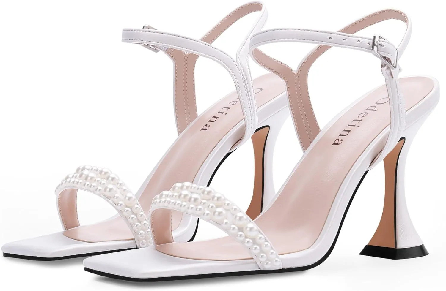 Women's High Heel Open Toe Sandals Ankle Strap Buckle Pearl Satin Bridesmaid Bride Party Wedding Shoes