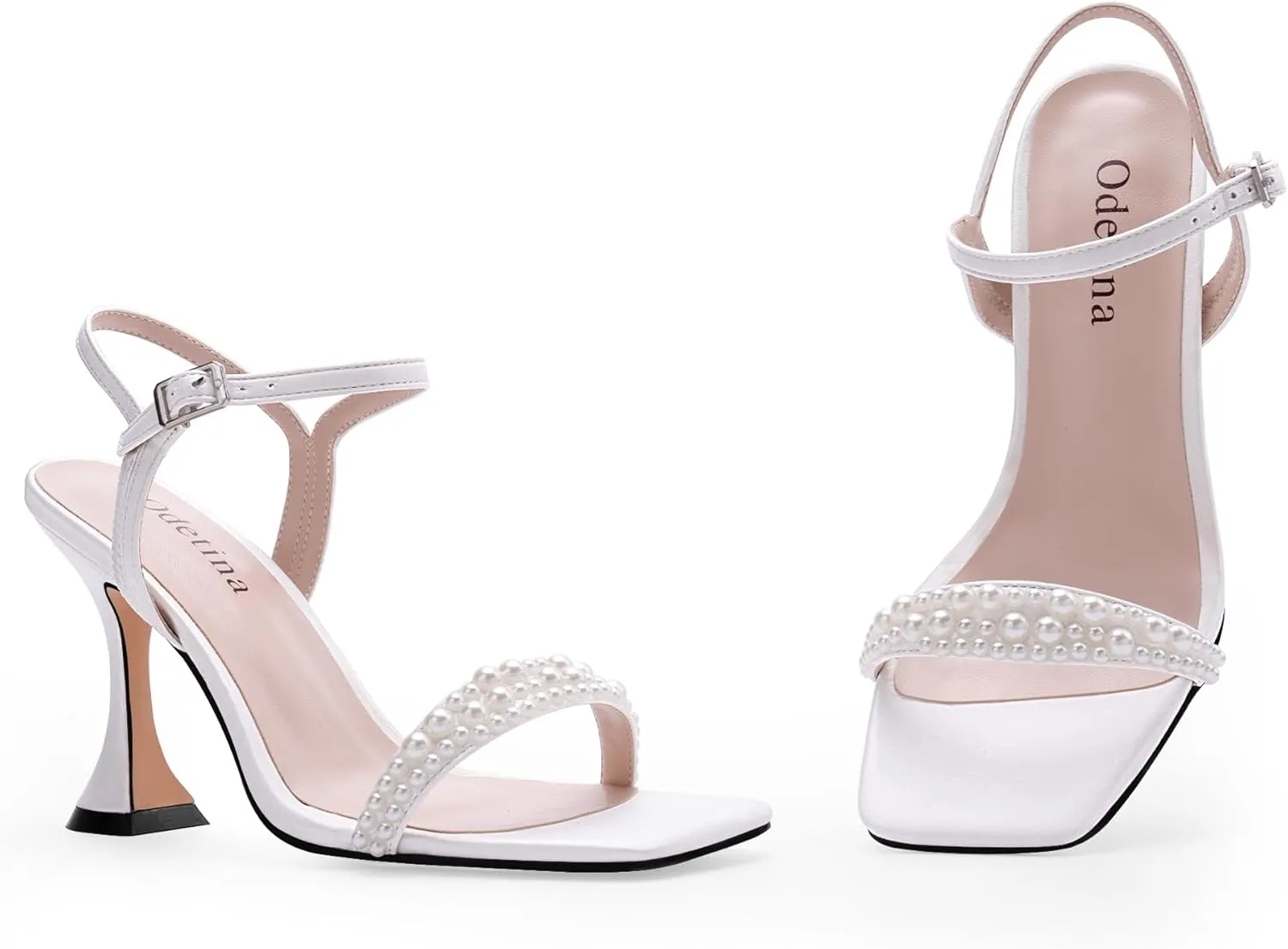 Women's High Heel Open Toe Sandals Ankle Strap Buckle Pearl Satin Bridesmaid Bride Party Wedding Shoes
