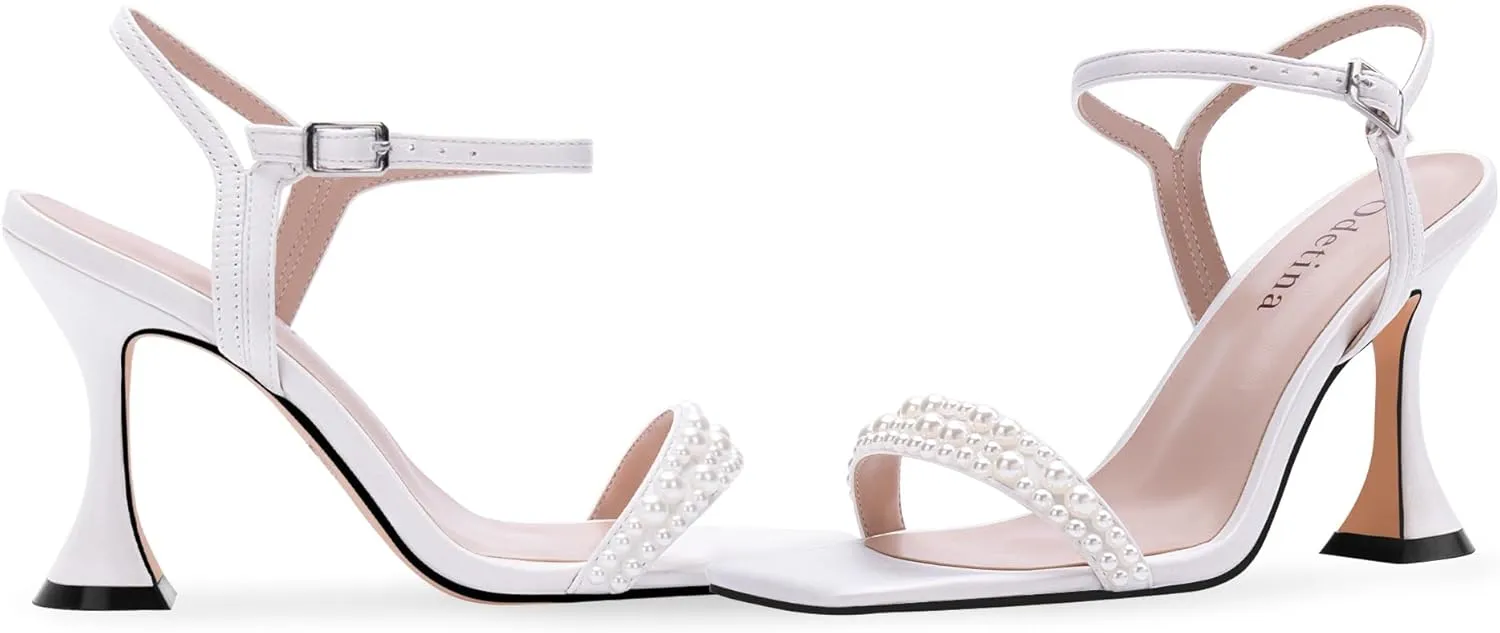 Women's High Heel Open Toe Sandals Ankle Strap Buckle Pearl Satin Bridesmaid Bride Party Wedding Shoes