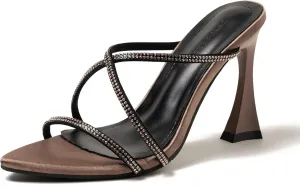 Women's High Heel Sandals, Black Satin Strappy Design, Geometric Heel