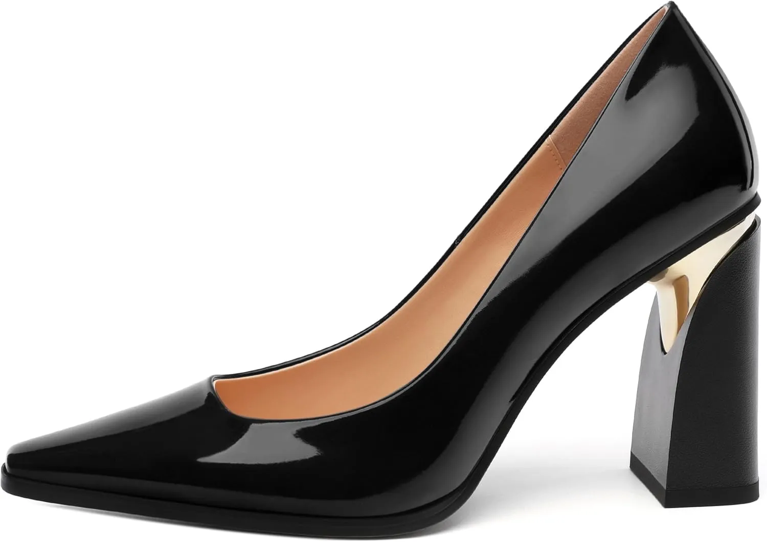 Womens High Heels,Patent Closed Square Toe Slip on Chunky Block Pumps,Elegant Heels,Daily Wedding Party Dress Shoes 3.5IN