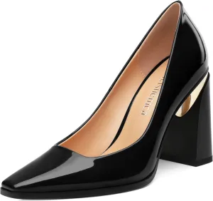 Womens High Heels,Patent Closed Square Toe Slip on Chunky Block Pumps,Elegant Heels,Daily Wedding Party Dress Shoes 3.5IN