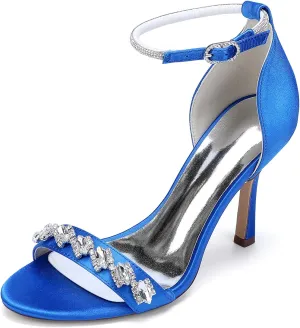 Women's Ivory Bridal Sandals Peep Toe Stiletto Heel Pumps Crystal Satin Ankle Strap Evening Party Prom Wedding Dress Shoes