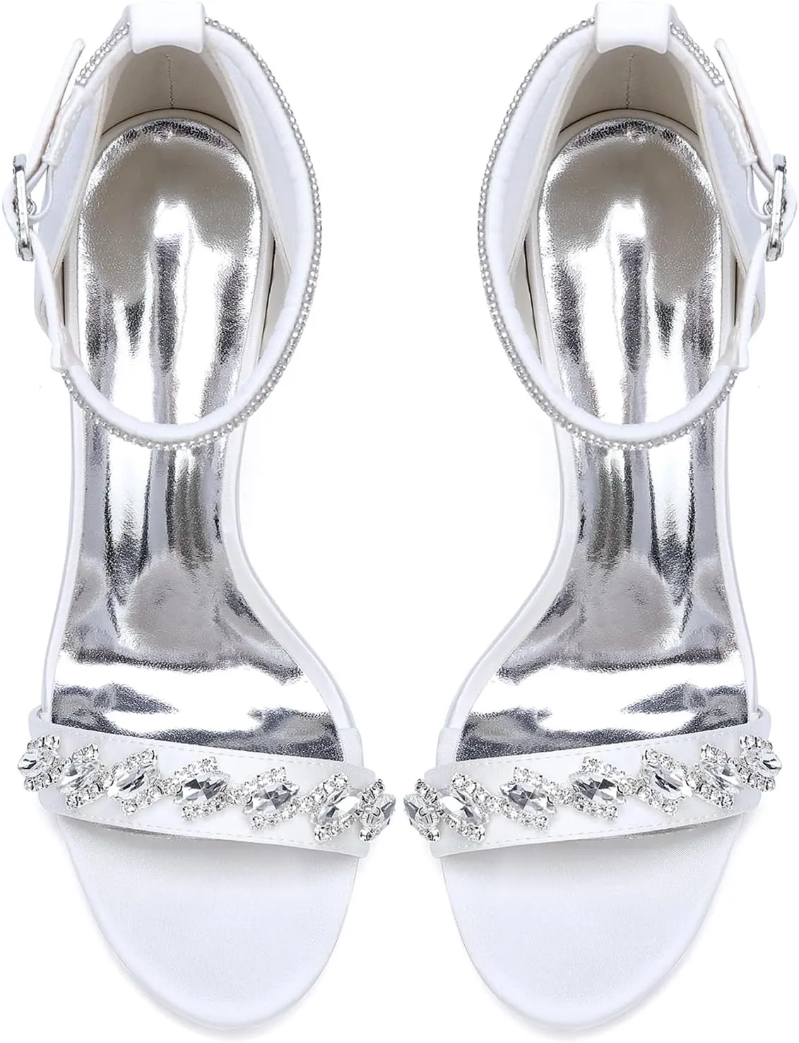 Women's Ivory Bridal Sandals Peep Toe Stiletto Heel Pumps Crystal Satin Ankle Strap Evening Party Prom Wedding Dress Shoes