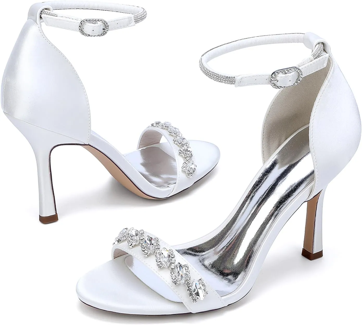 Women's Ivory Bridal Sandals Peep Toe Stiletto Heel Pumps Crystal Satin Ankle Strap Evening Party Prom Wedding Dress Shoes