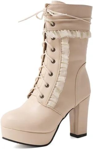 Women's Kawaii Cute Platform Boots, Lolita Dress Lace up Booties, Chunky Block Ankle Boots