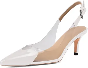 Women's Kitten Heel Transparent Slingback Pumps Pointed Toe Clear PVC Slip On Backless Cap Toe Cute Heart Mid Heel Patent Leather Elegant Sexy Slingbacks Heels